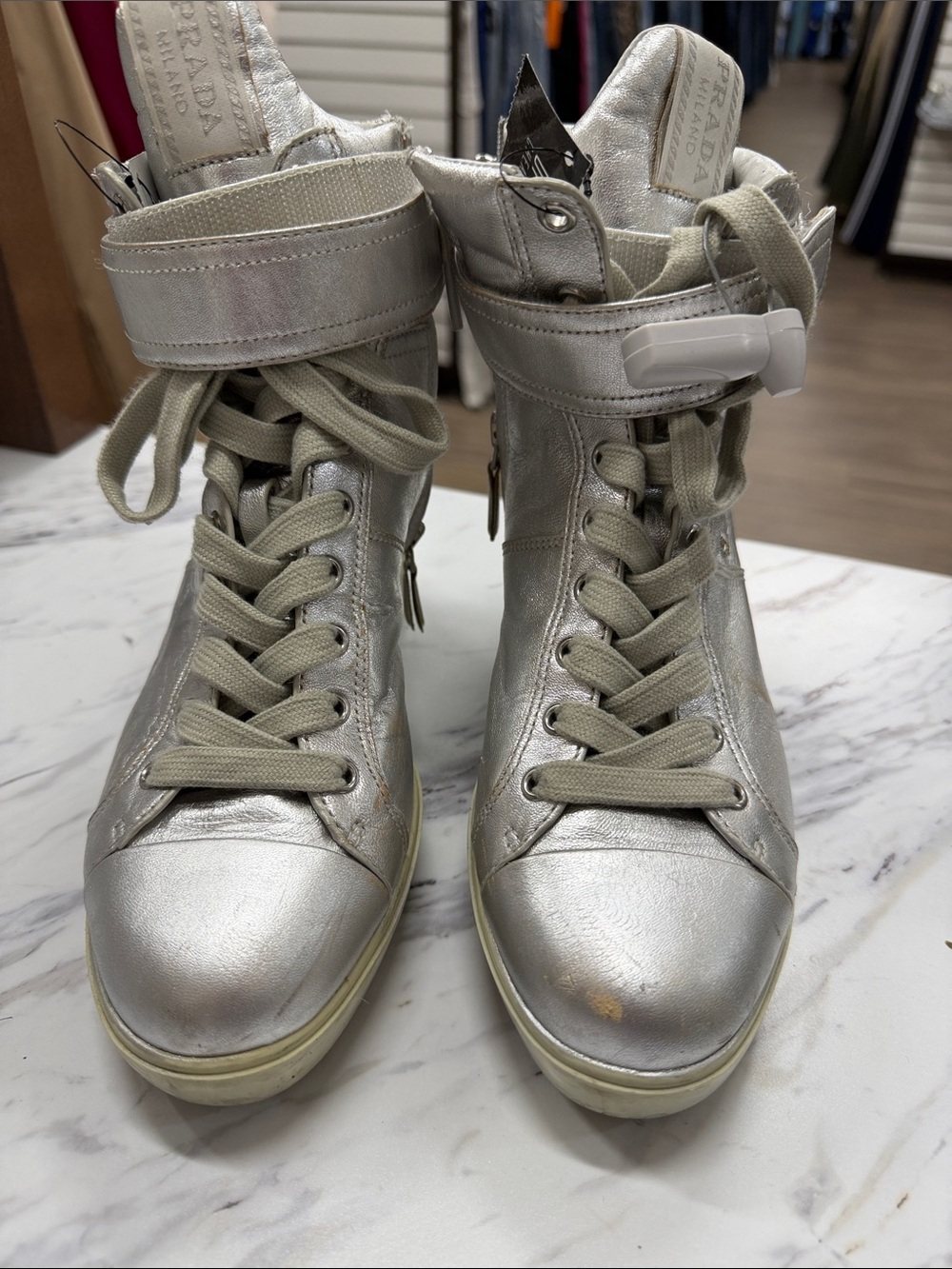 Prada Silver High-Top Lace-Up Sneakers with Ankle Strap